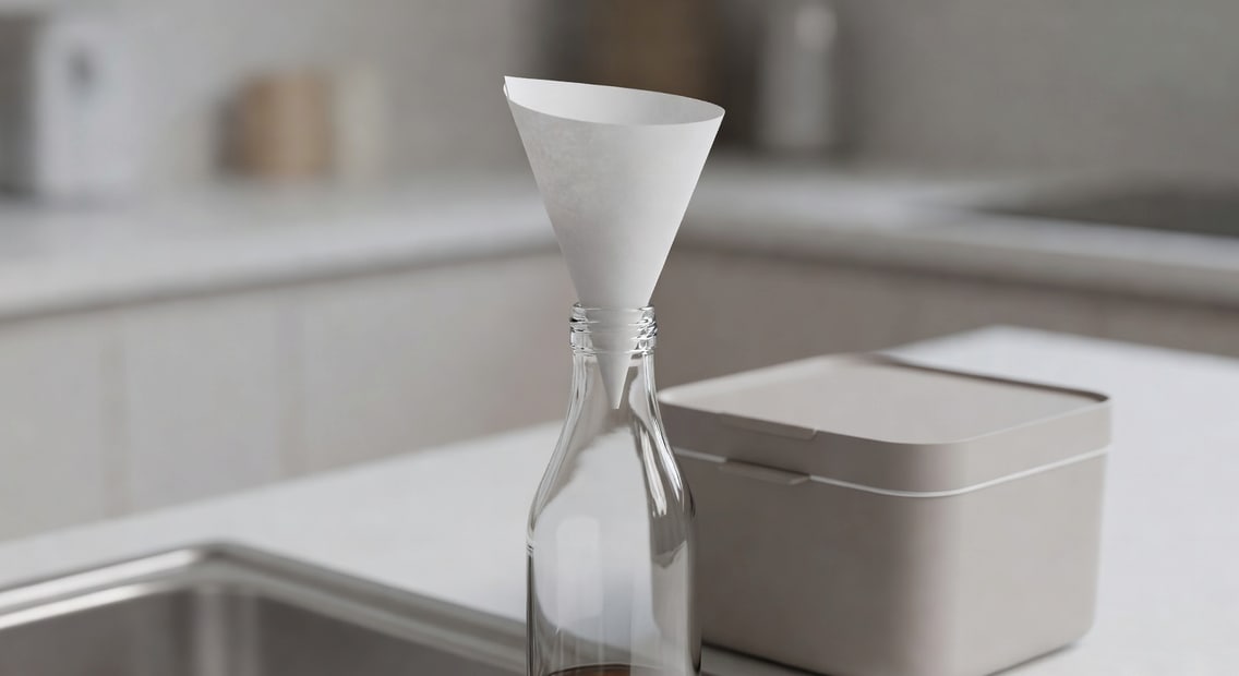 廚房水槽旁玻璃瓶蘋果醋陷阱插紙捲漏斗，旁廚餘桶蓋緊，光線明亮。