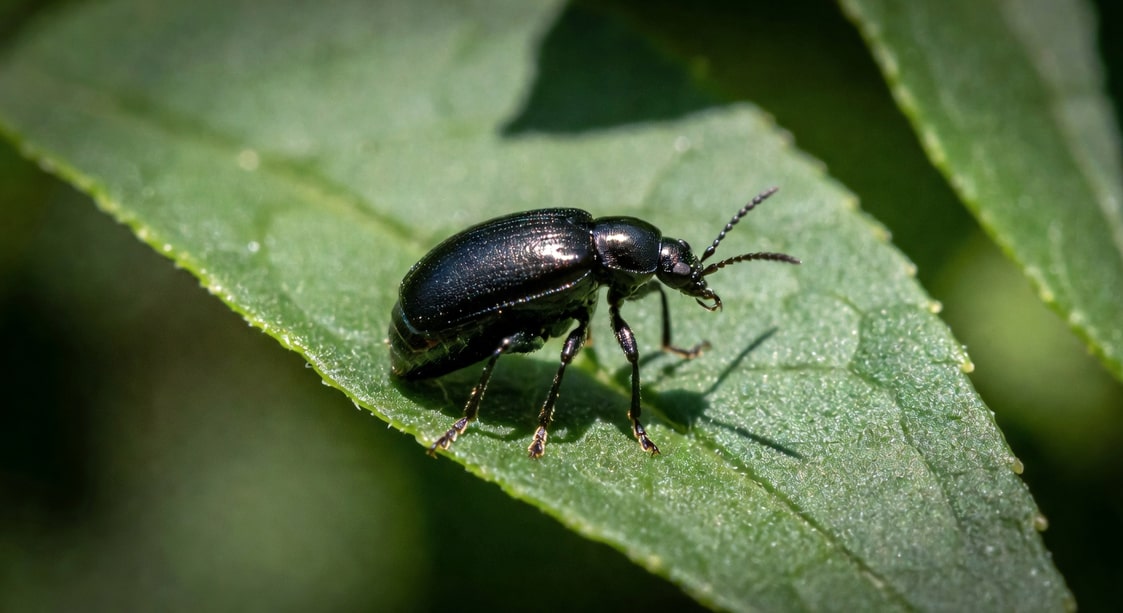 黑色跳甲在綠葉上特寫，後腿強壯準備跳躍，自然光線。