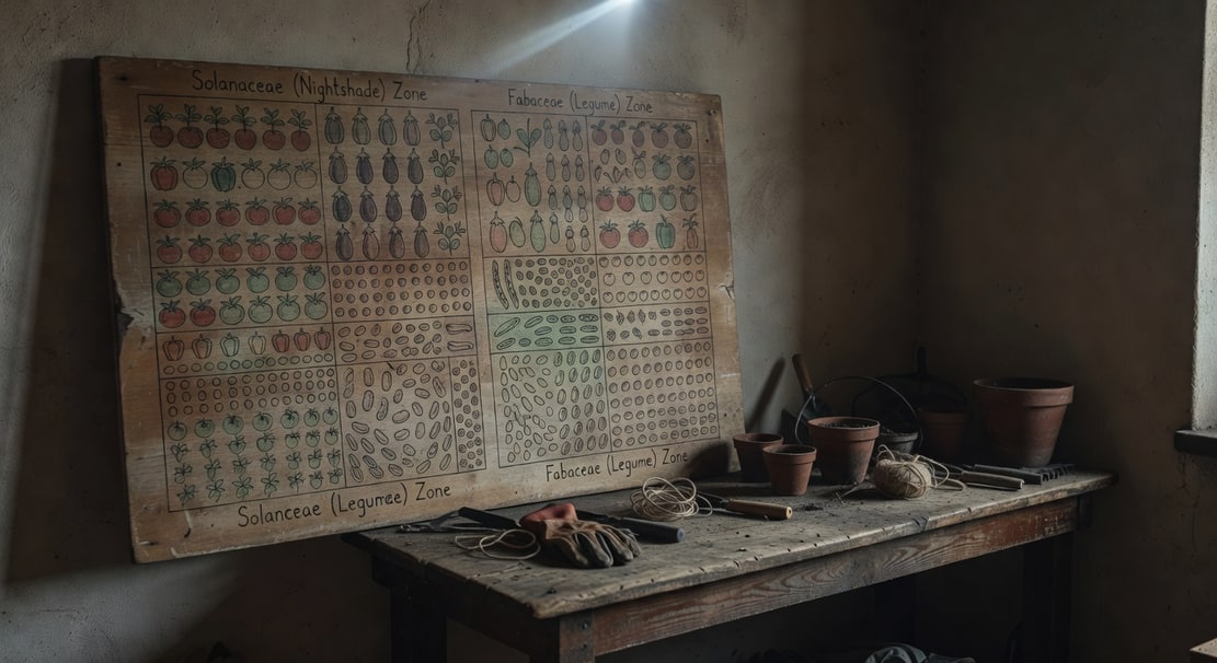 菜園輪作規劃圖，茄科與豆科區交錯排列，作物分區標示清楚。