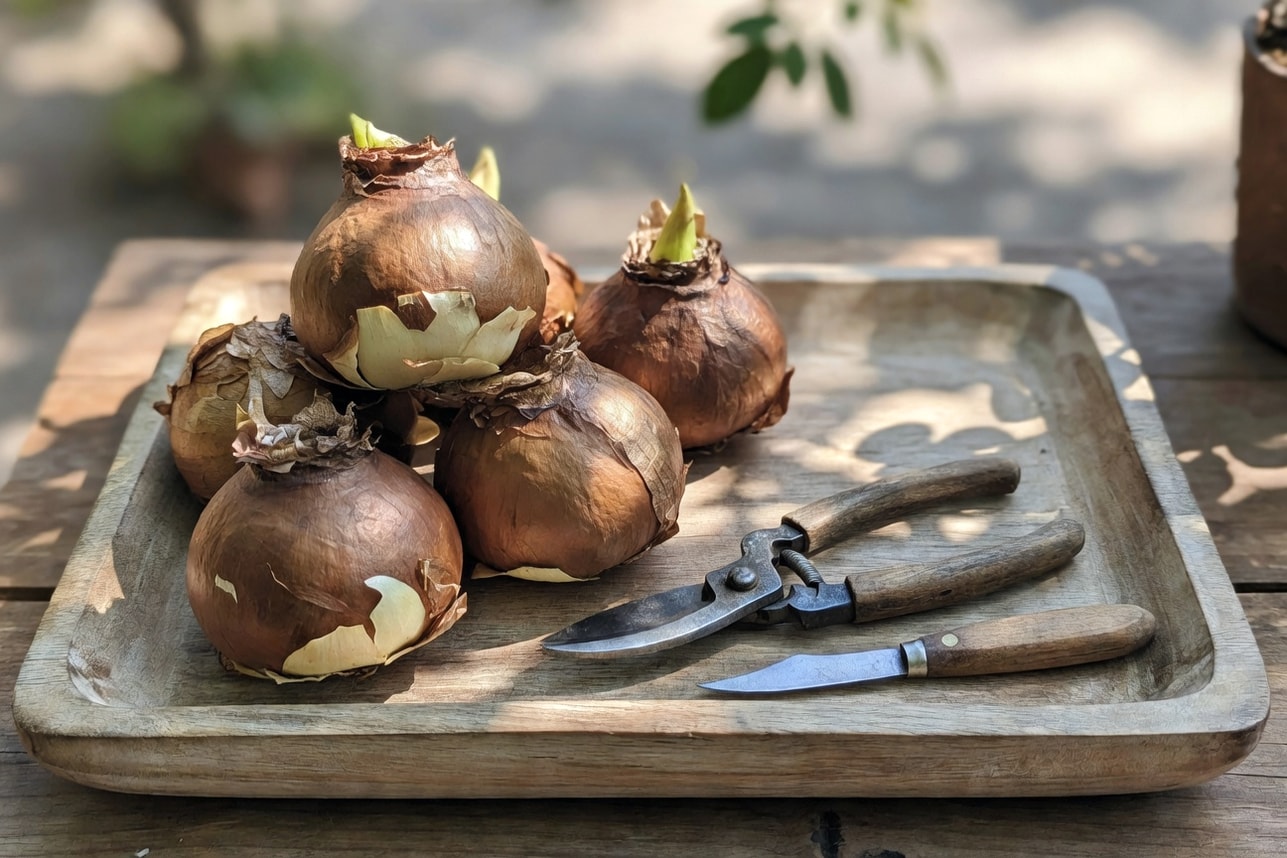 肥大孤挺花球根置於木質淺盤，表面褐色鱗片，旁邊修剪工具，自然光照射