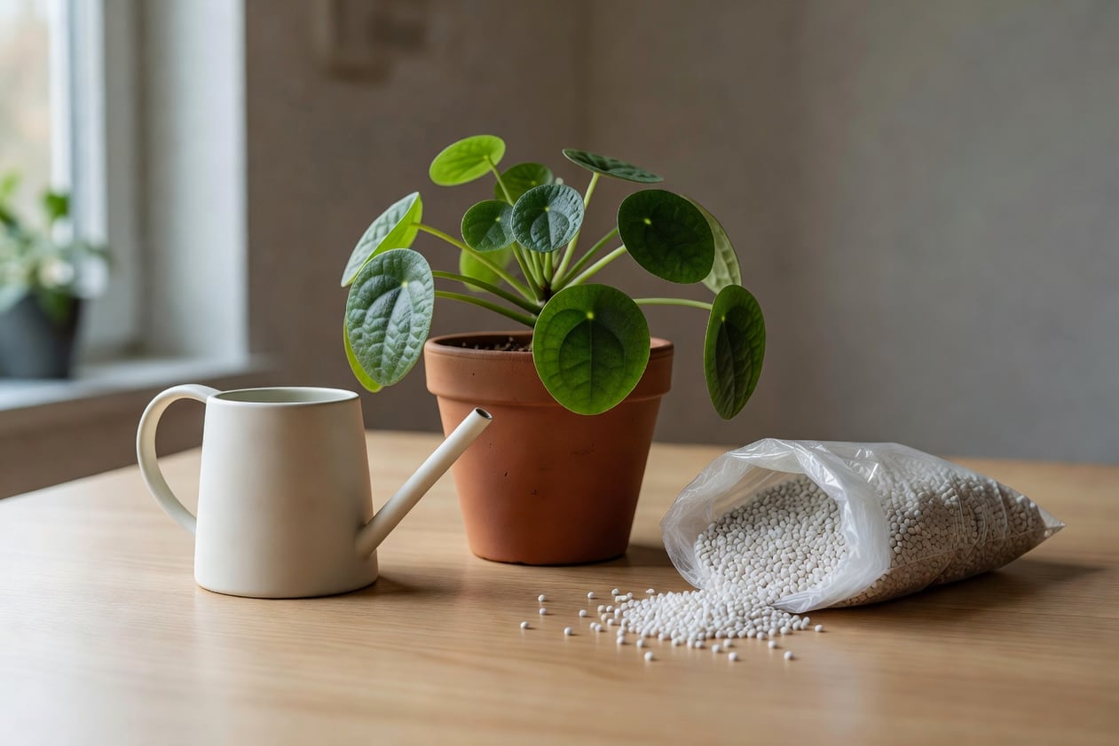 室內桌上一盆皺葉椒草，旁邊澆水壺和珍珠石袋，展示植物照護場景，光線明亮。