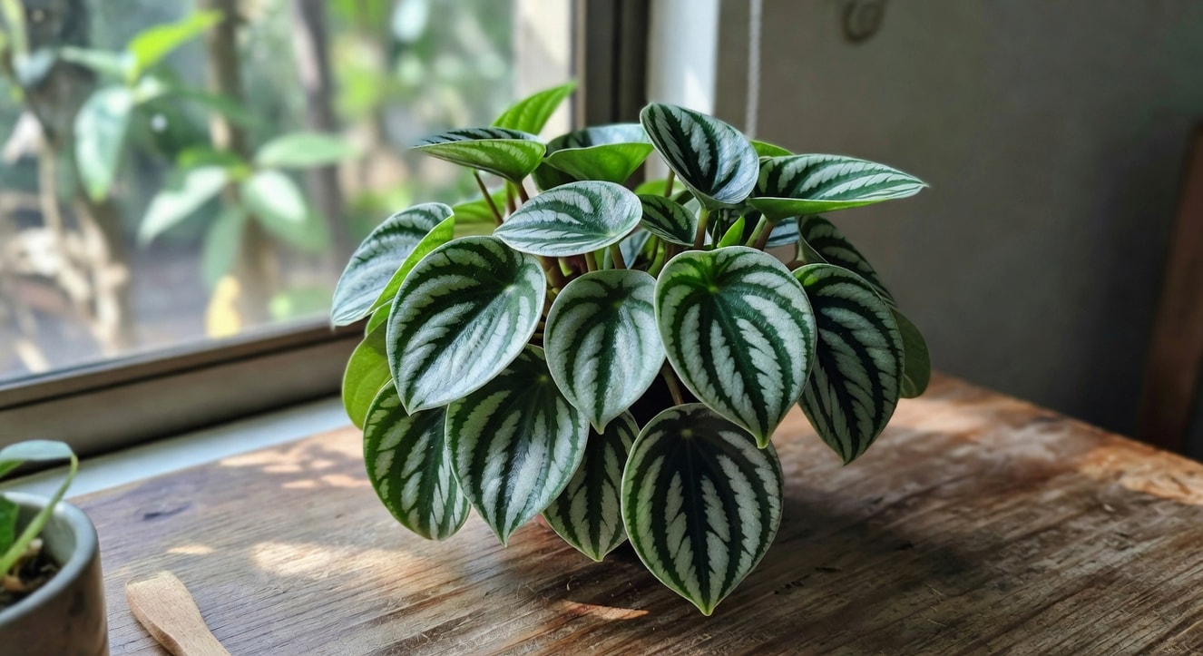 窗邊木桌上的一盆西瓜皮椒草，葉片銀綠條紋厚實，在自然散光下。