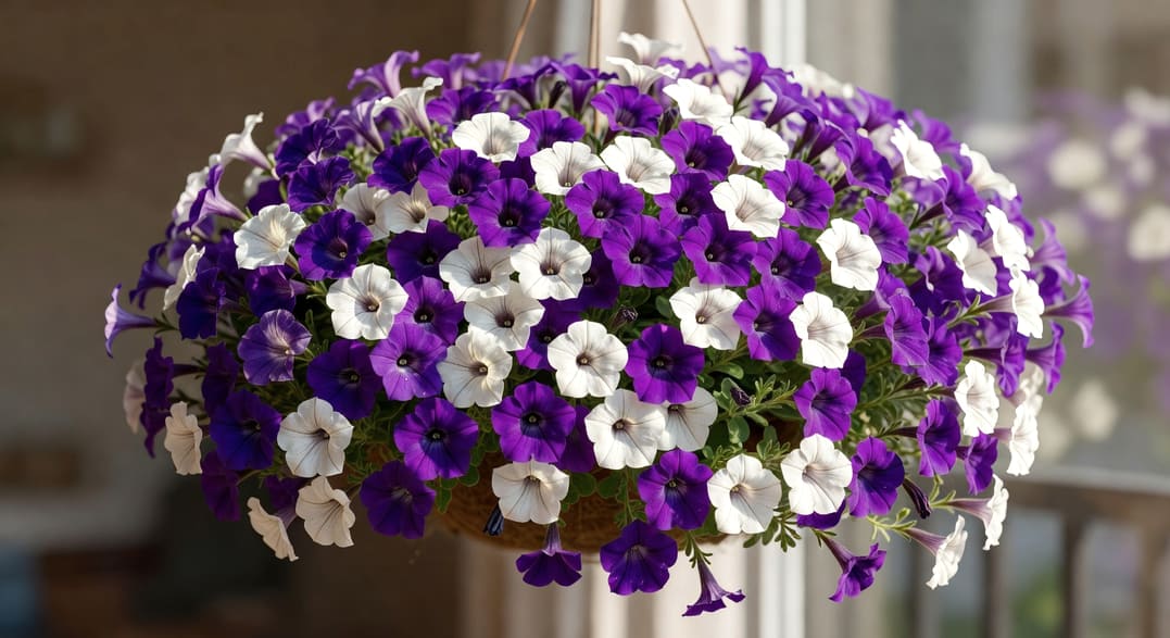 一盆紫色白矮牽牛花朵盛開，覆蓋吊籃懸掛陽台欄杆，陽光下色彩鮮豔