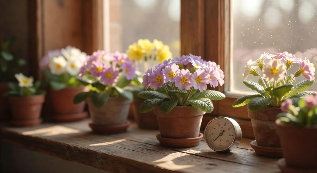 室內窗邊木台放報春花盆栽，旁有溫濕度計顯示適宜值