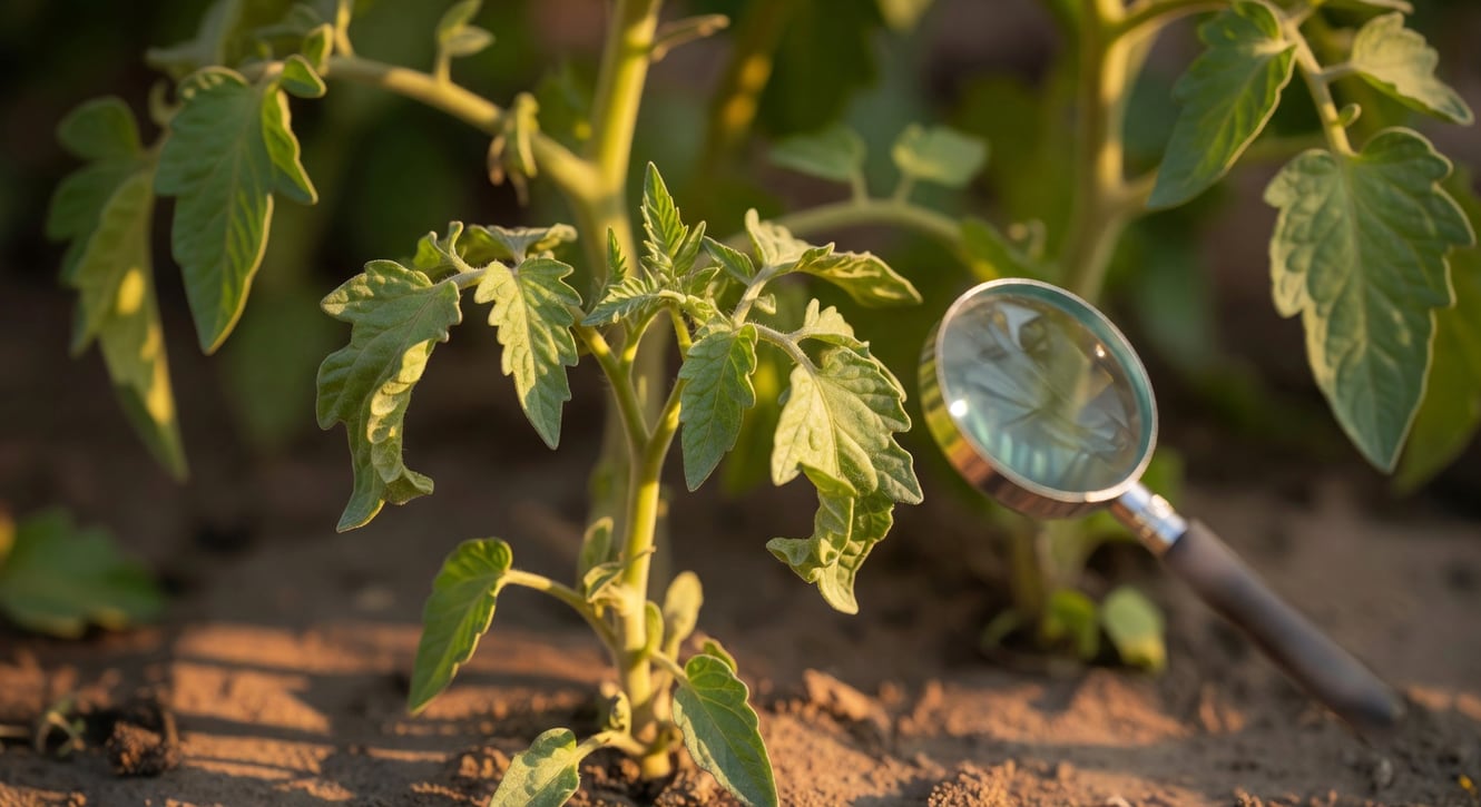 番茄植株新葉特寫，葉片扭曲畸形、顏色發黃，旁邊有放大鏡用於觀察。