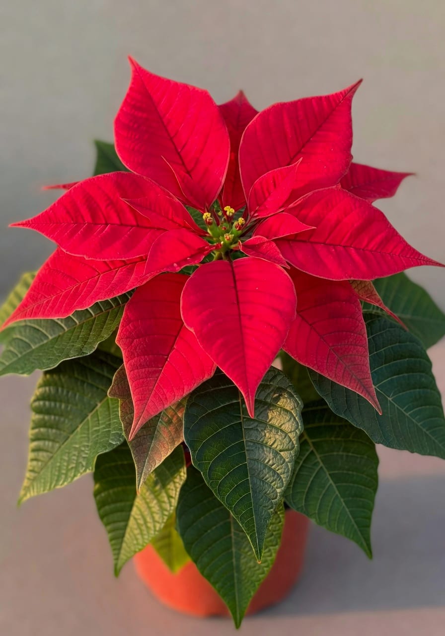鮮紅聖誕紅特寫，花苞層層圍繞黃色小花，葉片光澤飽滿，自然光下色彩鮮明。