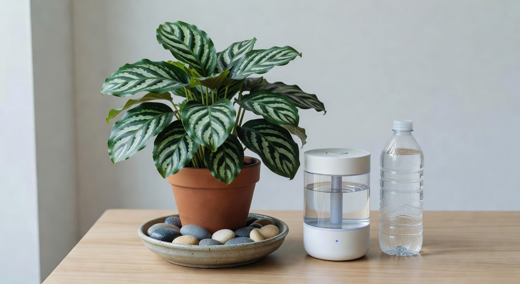 室內孔雀竹芋盆栽置於鵝卵石水盤，加濕器和蒸餾水瓶旁，營造高濕度環境。