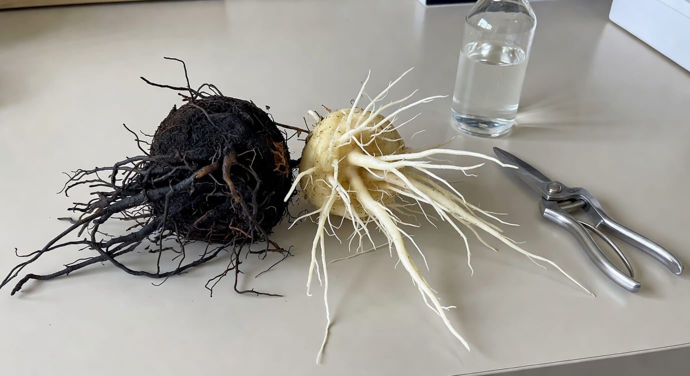 園藝桌上脫盆根團特寫，腐爛黑根與健康白根對比，旁有消毒工具和工作光。