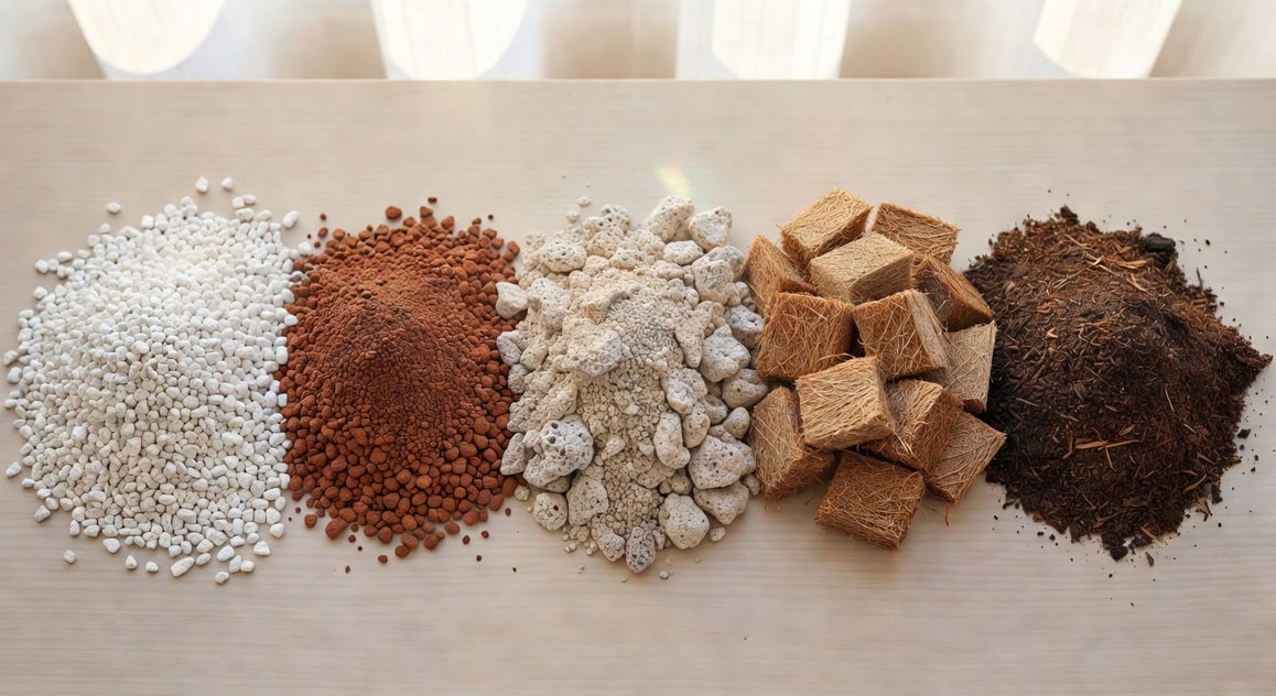 排列整齊的透氣培養土特寫：珍珠岩、赤玉土、輕石、椰纖塊、滅菌培養土，自然光。