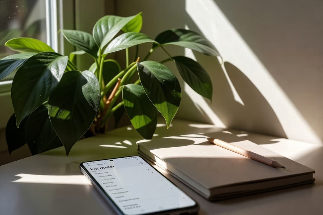 手持手機lux meter app測量窗邊葉片光照，光線斜入，旁有園藝筆記本和鉛筆