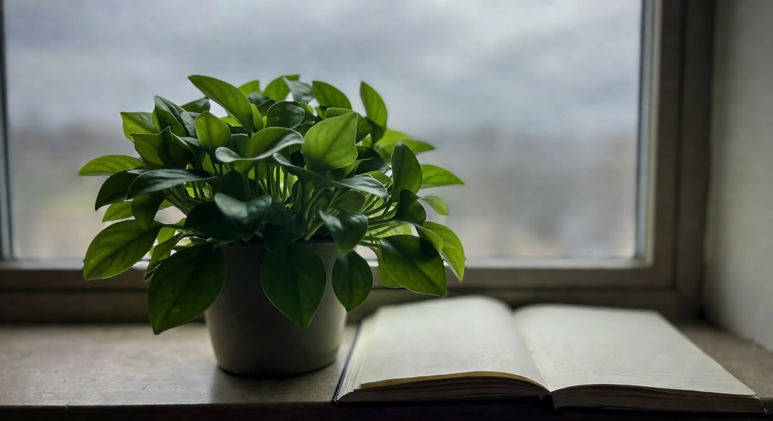窗邊健康觀葉植物，葉片翠綠飽滿，光線柔和灑落，旁邊翻開的園藝筆記，寧靜氛圍