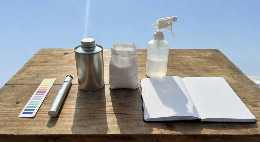 桌面園藝工程師工具：pH試紙、EC筆、螯合鐵罐、瀉鹽袋、噴霧器和筆記本記錄數據，工程氛圍