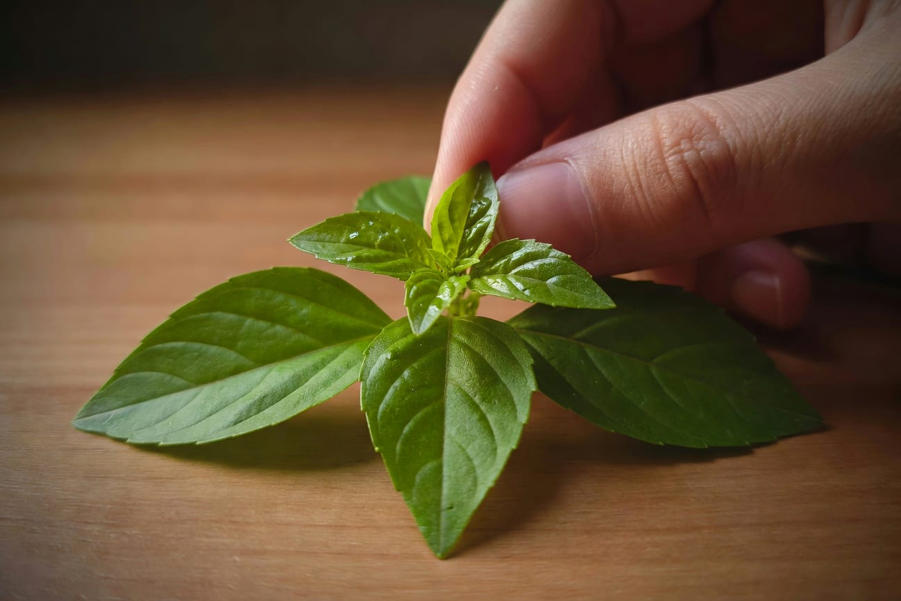 手部特寫摘心九層塔頂芽，下方兩對葉片清晰，自然光溫暖桌面。