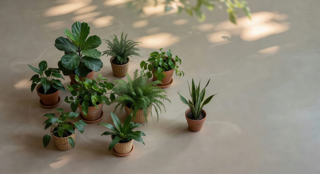 俯瞰植物擺放：間距恰當，氣流軌跡以淡淡線條顯示，氛圍柔和散文