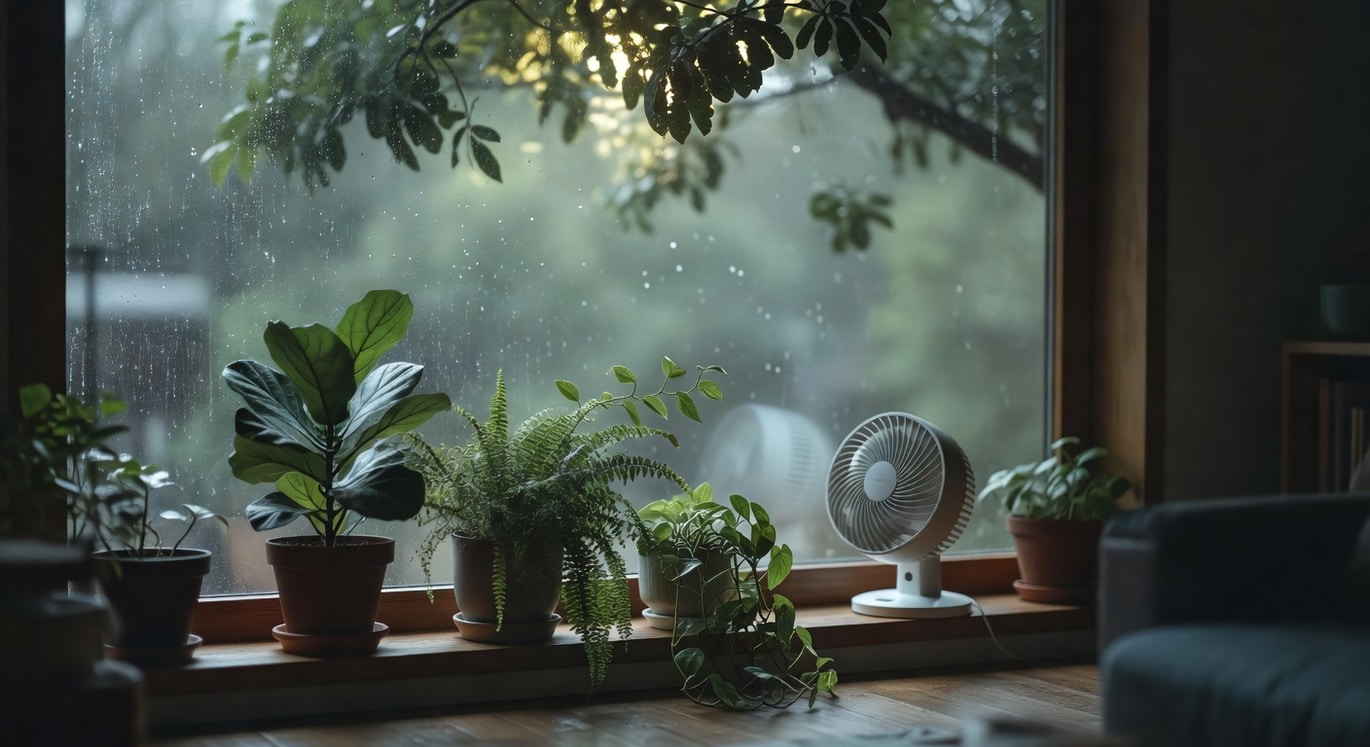 雨天客廳窗邊：植物擺放有序，循環扇低速運轉，葉片溫柔擺動，窗外雨景模糊