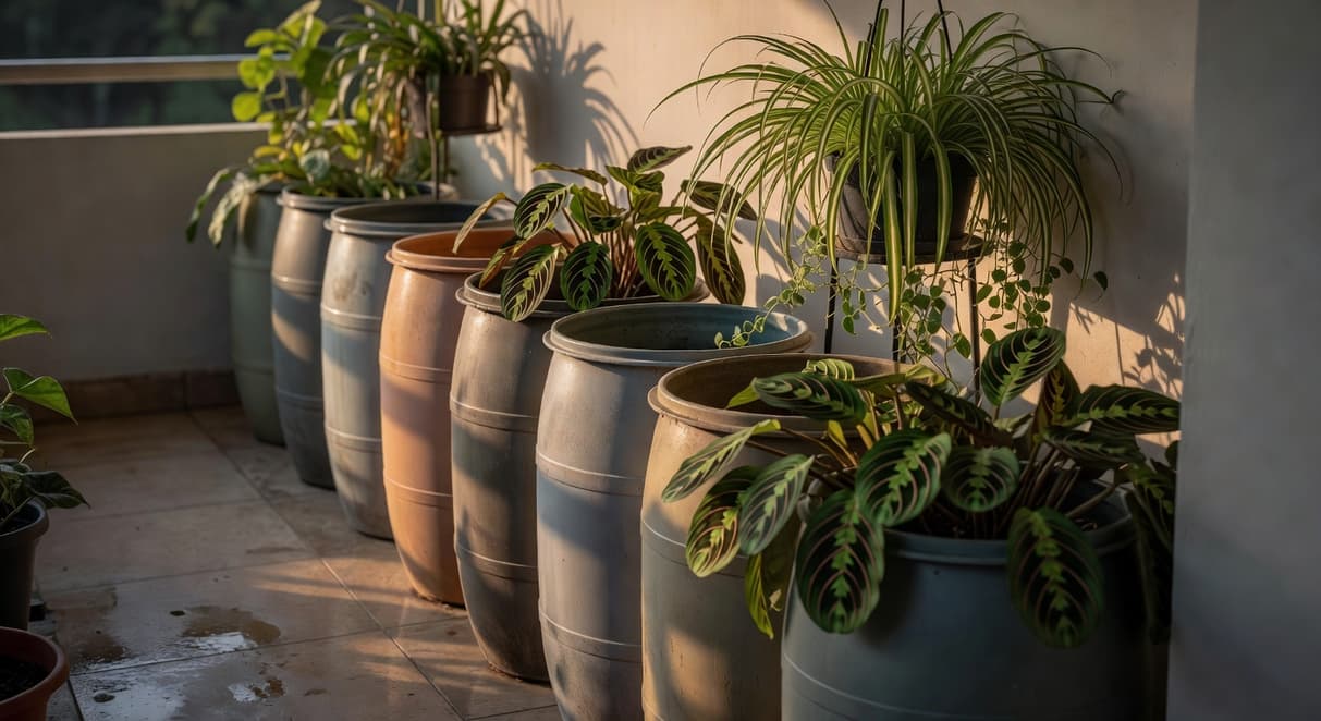 陽台上排滿接雨水桶，旁邊竹芋與吊蘭盆栽，自然光柔和居家園藝氛圍。