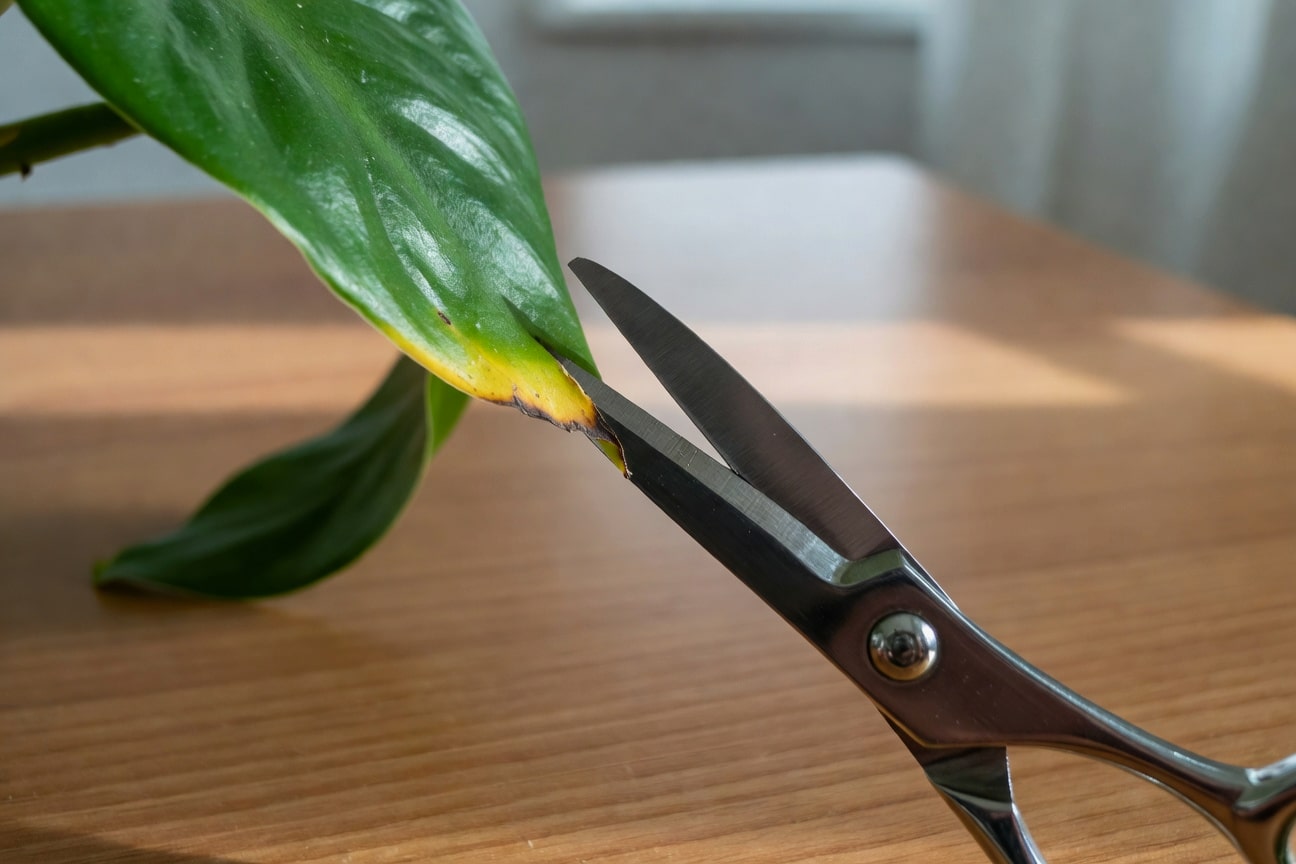 手持乾淨剪刀修剪焦黃葉緣的特寫，葉片剩翠綠，工作桌光線溫暖。