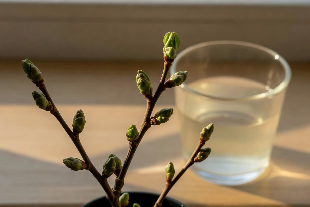 春日清晨陽光透過窗灑入，植物枝條新芽萌動特寫，旁有稀釋液肥杯子，溫柔甦醒氛圍