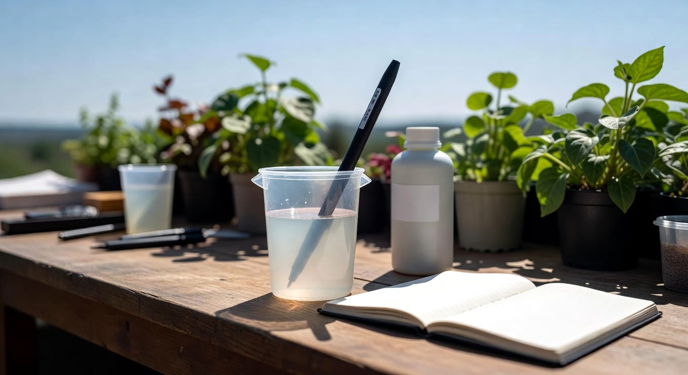 手持EC筆測量量杯營養液，旁邊肥料瓶與筆記本記錄，背景工作桌和植物。