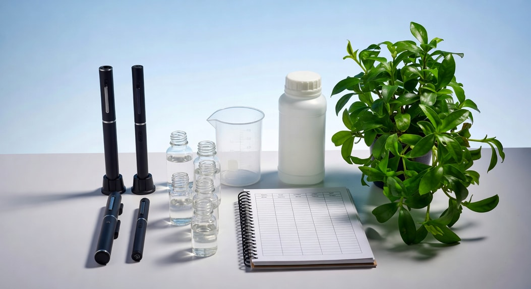 桌上施肥工具組合：EC筆、pH筆、標準液、量杯、肥料瓶和筆記本，旁邊健康觀葉植物。