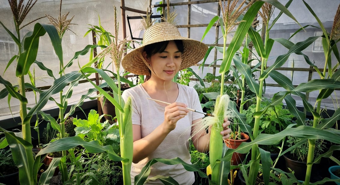 女性園藝愛好者用毛筆授粉陽台玉米，清晨光線下，背景綠植棚架