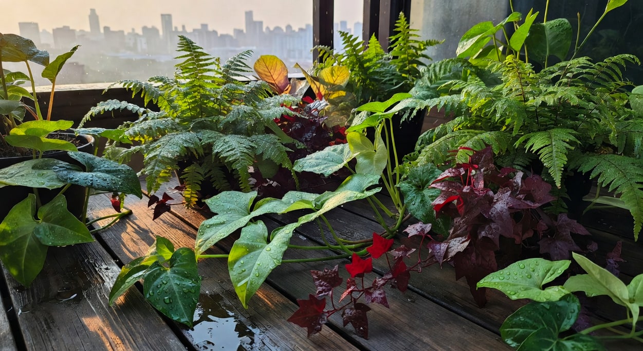 雨後清晨陽台俯視，耐濕植物在木棧板上水珠閃耀，金色斜陽與台北天際線