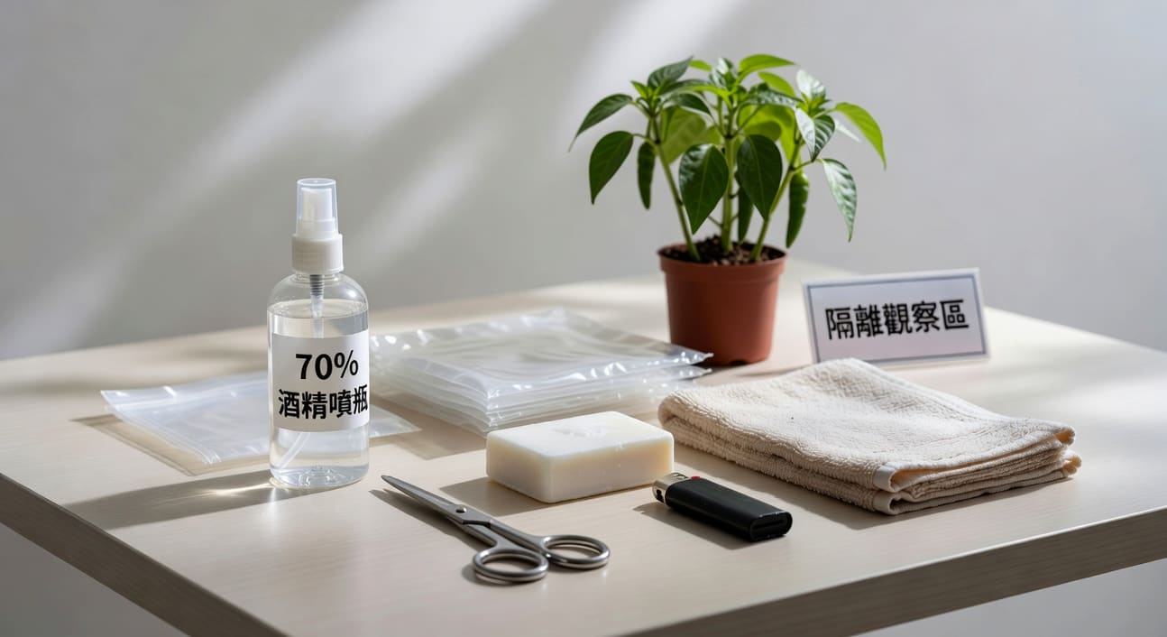 工作桌擺放消毒用品如酒精噴瓶和剪刀，背景有健康辣椒苗及隔離標示牌。