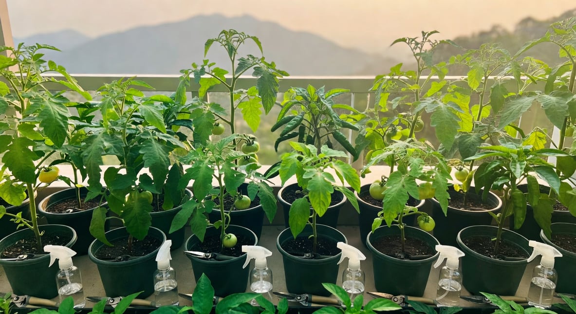 俯視健康陽台茄科作物花園，番茄辣椒整齊排列無病害，每盆旁有工具和山景背景。