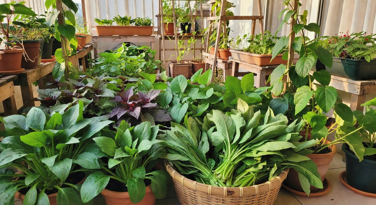 台灣陽台菜園夏季：耐熱葉菜茂盛如空心菜，竹籃滿載綠葉，陽光燦爛，花架整齊排列。