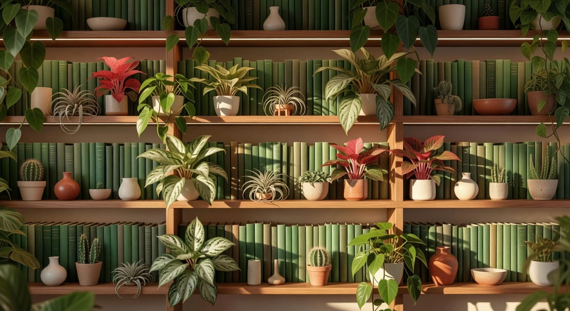 木質層架綠書牆擺放蔓綠絨、空氣鳳梨等植物，LED燈灑光暈，配書本，詩意森林氛圍。