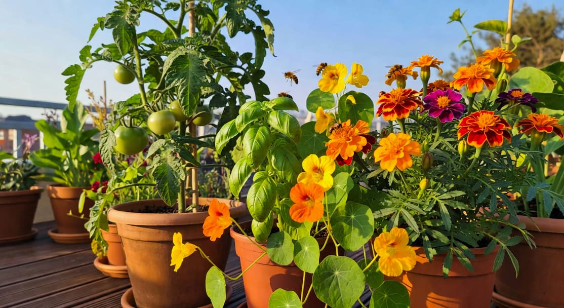 陽台菜園番茄旁種植羅勒、金蓮花、萬壽菊，花朵綻放，蜜蜂瓢蟲訪花，背景菜盆木棧板，午後溫暖陽光