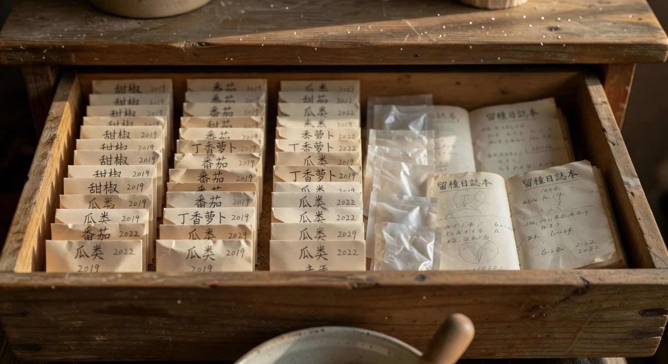 抽屜內整齊種子信封標註品種年份，旁邊有乾燥包和日誌本，柔和光線灑下。