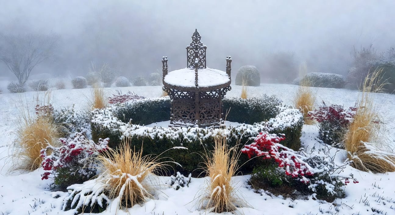 冬日薄霧花園，覆雪鑄鐵日晷雕塑立於黃楊綠籬中央，圍繞枯草和紅莓。
