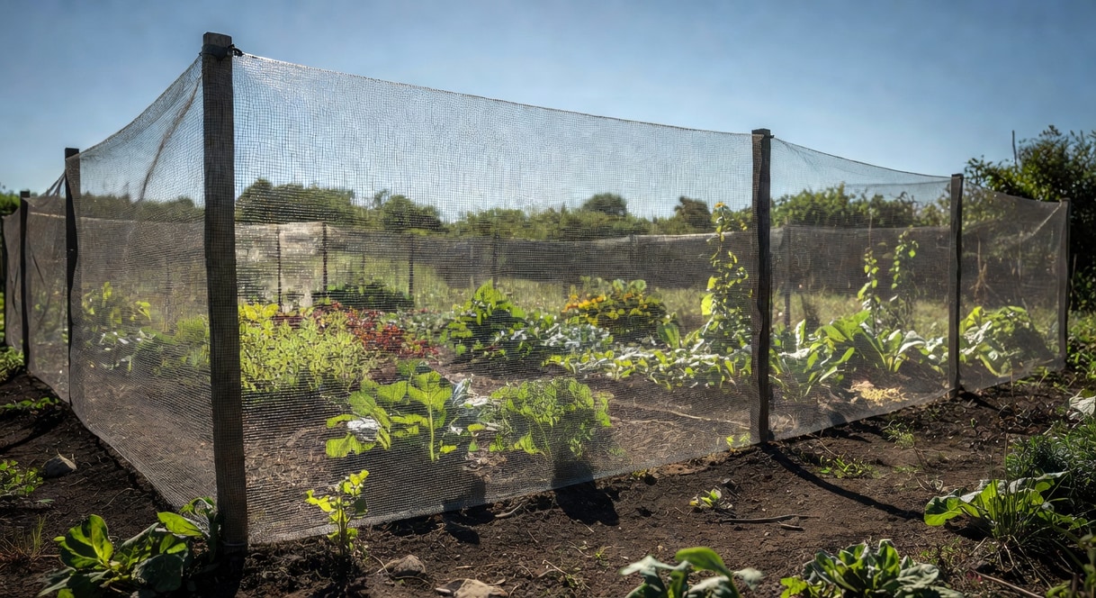 菜園邊界細網格防護罩擋住野兔小動物，陽光清晰透過。