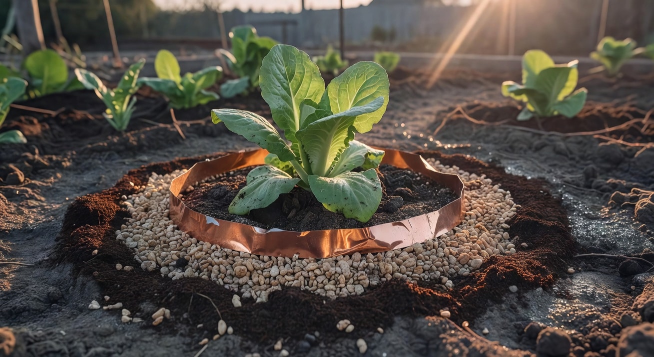 菜園防護特寫：銅膠帶防蝸牛顆粒和咖啡渣圍成保護圈。