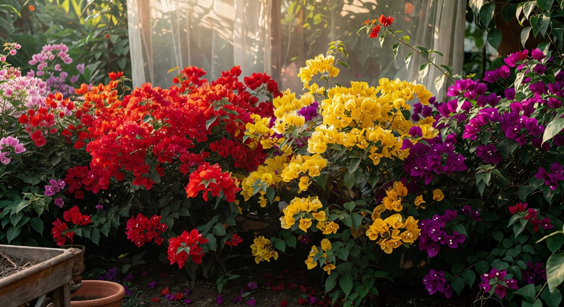 九重葛花園景象，不同顏色品種如紅、黃、紫並排生長的壯觀景色