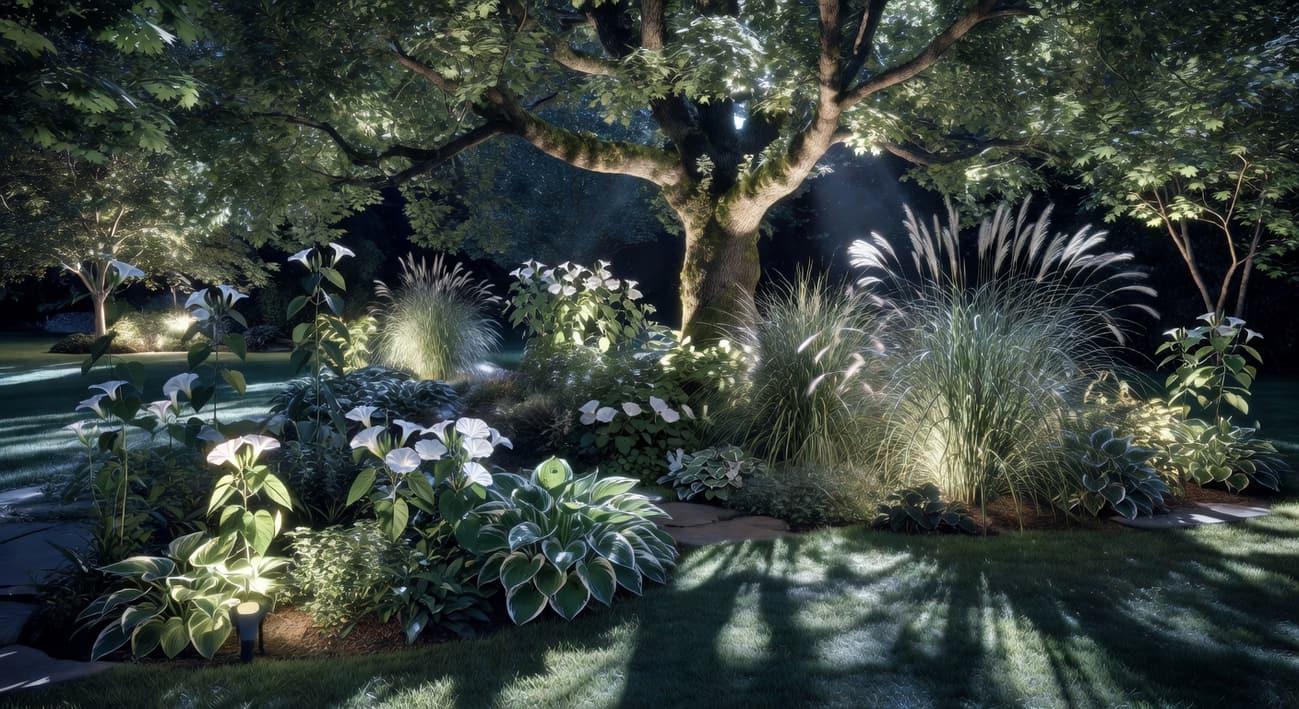 夜間花園中最佳植物選項及照明佈置示例
