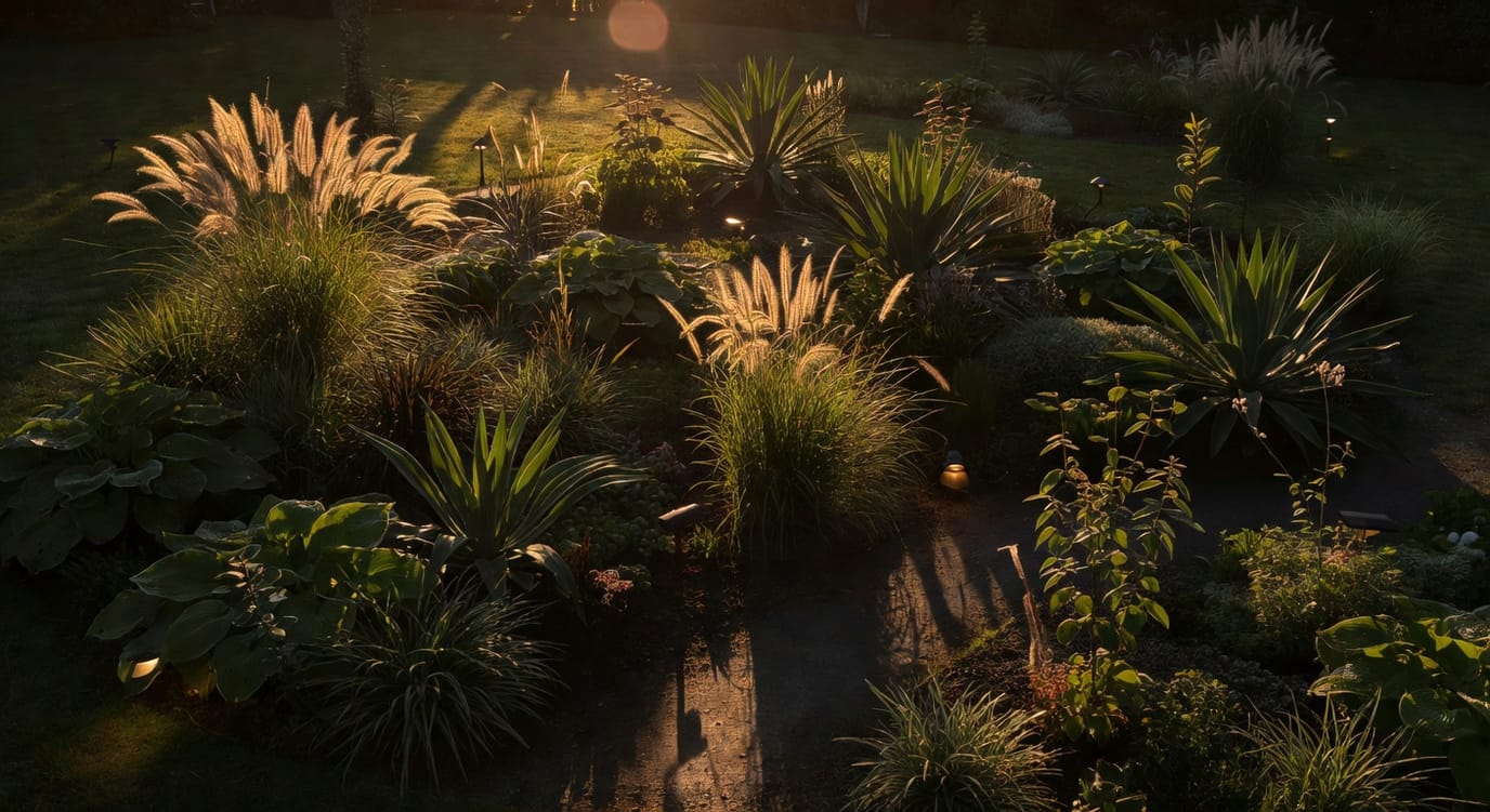 展示夜間園藝植物挑選與燈光方案細節