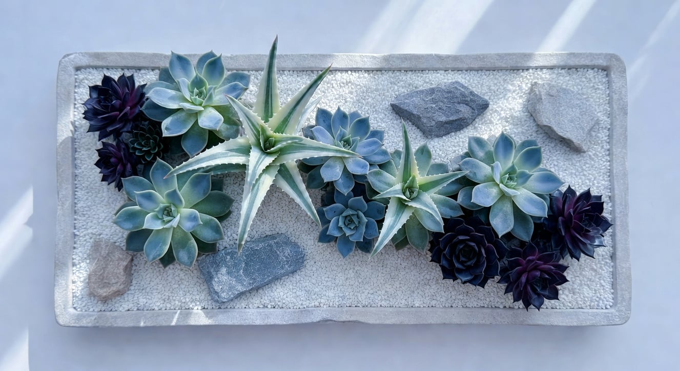 多肉盆景俯視圖，石板盤內石蓮花蘆薈景天排列，白色礫石底灰扁石地景，對角線構圖極簡日式自然光