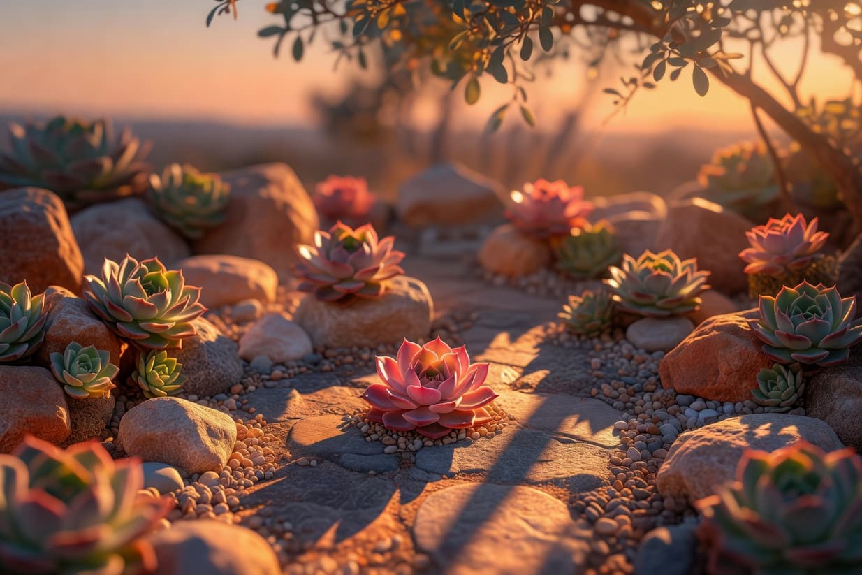 夕陽下多肉石頭花園側光，黃橙光照石蓮花邊緣發光，石頭長影礫石細膩，前景玫瑰色石蓮花暖調寧靜