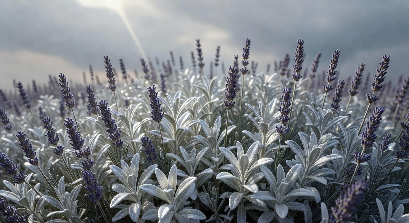 陽光下薰衣草和銀葉草銀白葉片閃光,呈現冷調質感與柔和光影效果