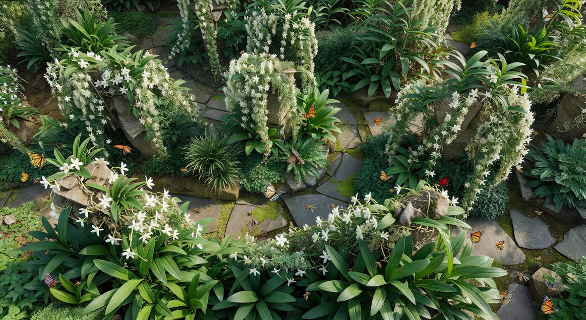 俯視香草花園，多層植物配置石板小徑蜿蜒，蜂蝶訪問圖像。