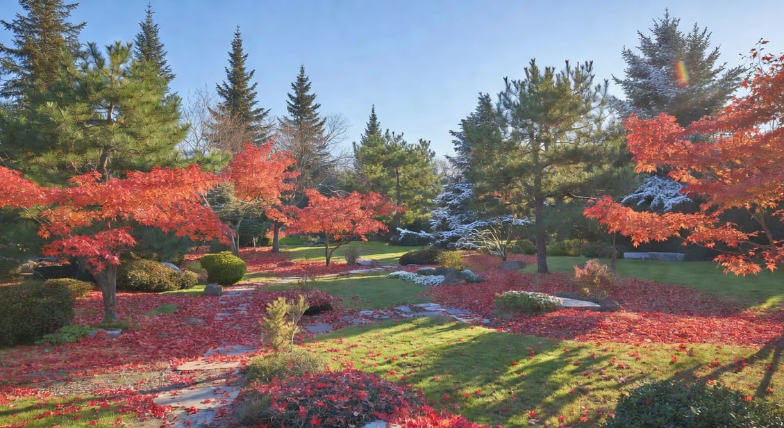 改造後庭園四季交融：秋日楓紅與冬日松翠，在溫暖晚照下。