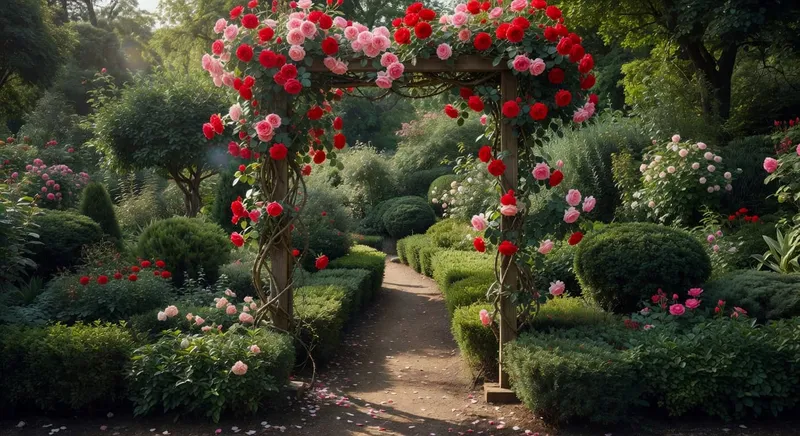 月季攀緣廊架立於小徑入口，紅粉色花朵盛開，兩側灌木層次清晰。