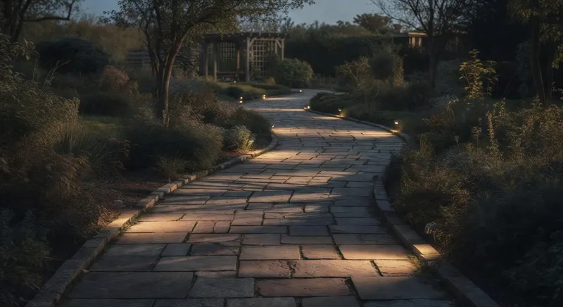傍晚花園小徑上地景燈照亮石板路面，遠方廊架隱約可見。