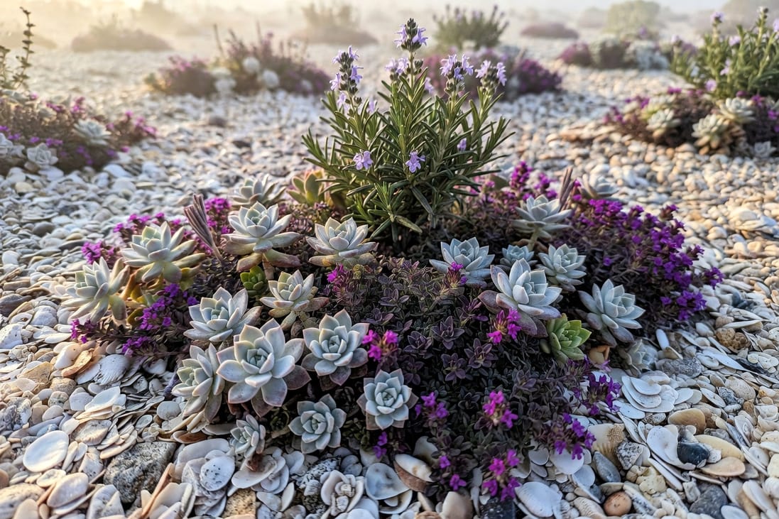 近拍海濱花壇，銀灰景天與紫色百里香從貝殼碎石中探出，迷迭香開淡紫花，早晨柔光伴鹽霧。