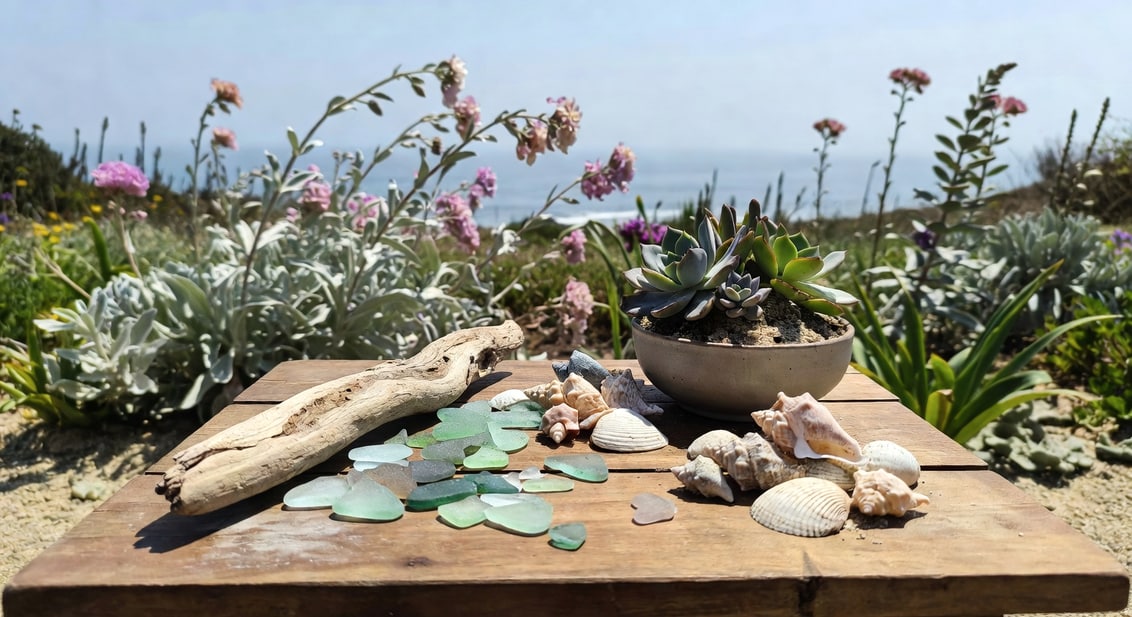 木製矮桌上擺放浮木、玻璃、貝殼和多肉，後方海濱花園，銀灰粉紫植物搖曳，遠方海平線薄霧中。