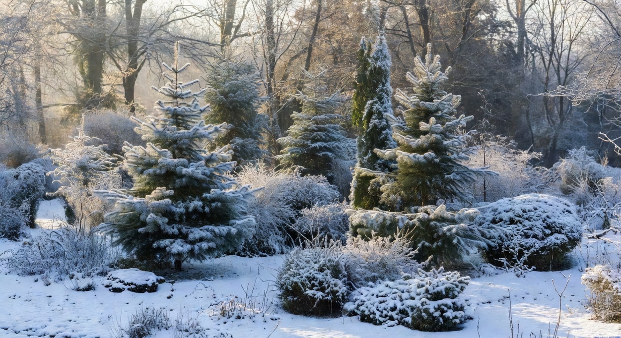 冬日花園靜謐美景：常綠植物在霜雪中挺立不倒。