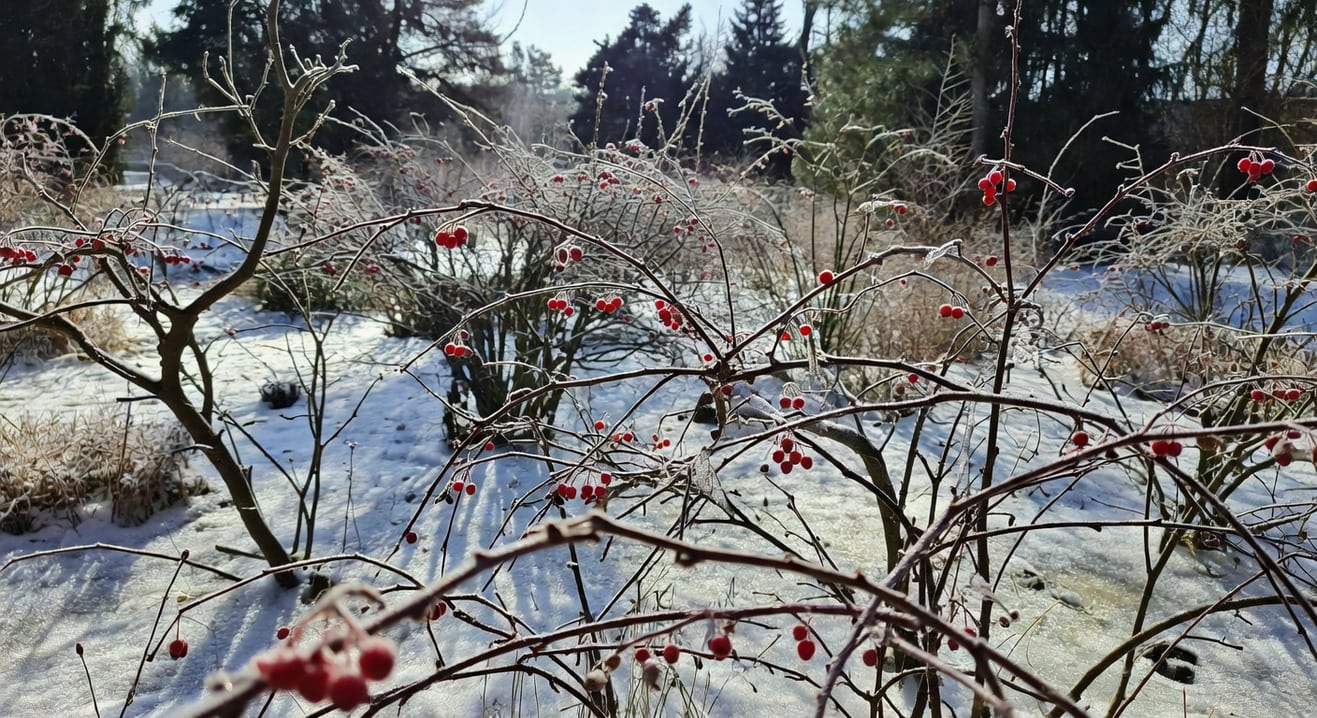 冬日花園景觀：裸露棕色枝條與紅色漿果相襯，覆蓋白色結晶，遠處深綠常綠樹輪廓。
