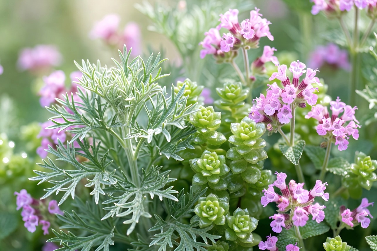 陽光下蒿麓細緻葉片呈銀綠色，景天小巧葉片如露珠排列，周邊粉紫貓薄荷盛放